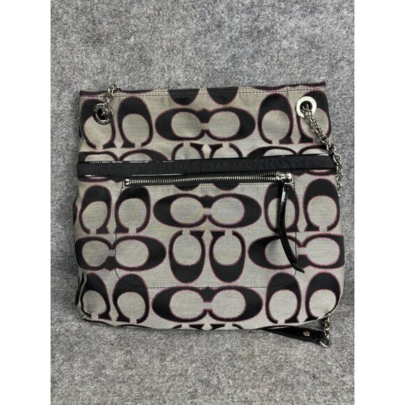 Coach Signature Chain Crossbody Bag Womens Gray Black Pink Logo Jacquard 21161 - Picture 1 of 8